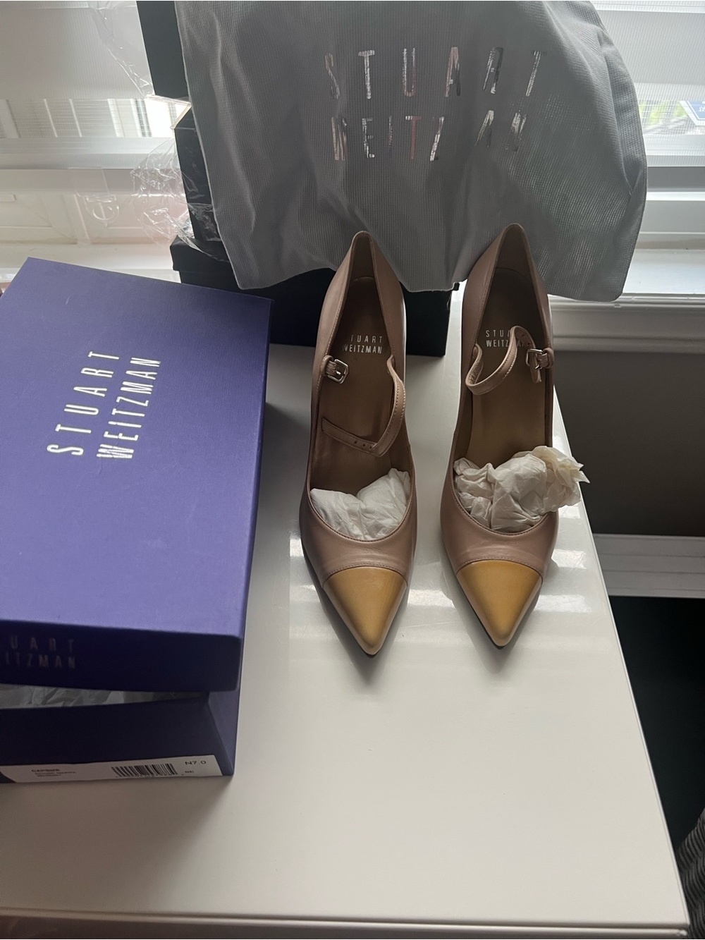 Stuart Weitzman Tan Leather Pointed Mary Jane Pumps with Gold Toe